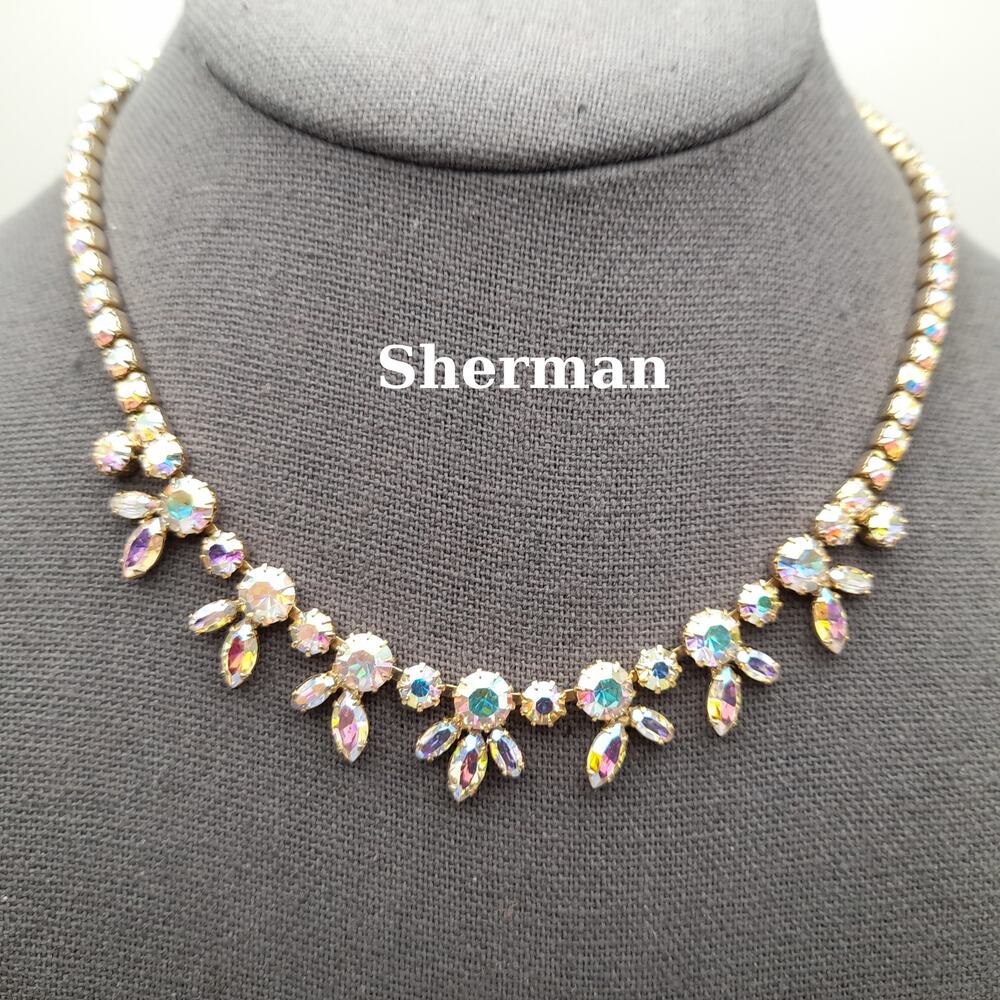 Vintage Sherman Aurora Borealis Rhinestone Gold Plated Choker Necklace, 1960s